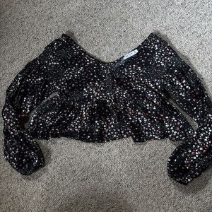 Womens Arizon Jean Co Black Floral Crop Top Long Sleeve Ruffles XS